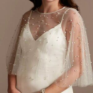 David's Bridal Pearl-Encrusted Tulle Capelet with Pearl Button size XS